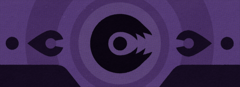 A purple digital illustration depicting a  logo, resembling a broken ring with a circle in its center. In the background are other eye-like shapes.